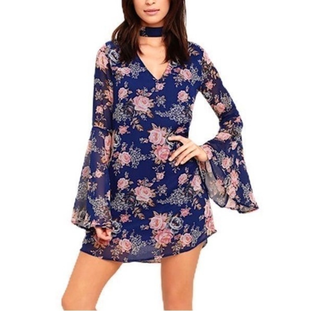 Lulu's Medium Blue Floral Feeling Of Love Flare Sleeeves Choker Shift Dress